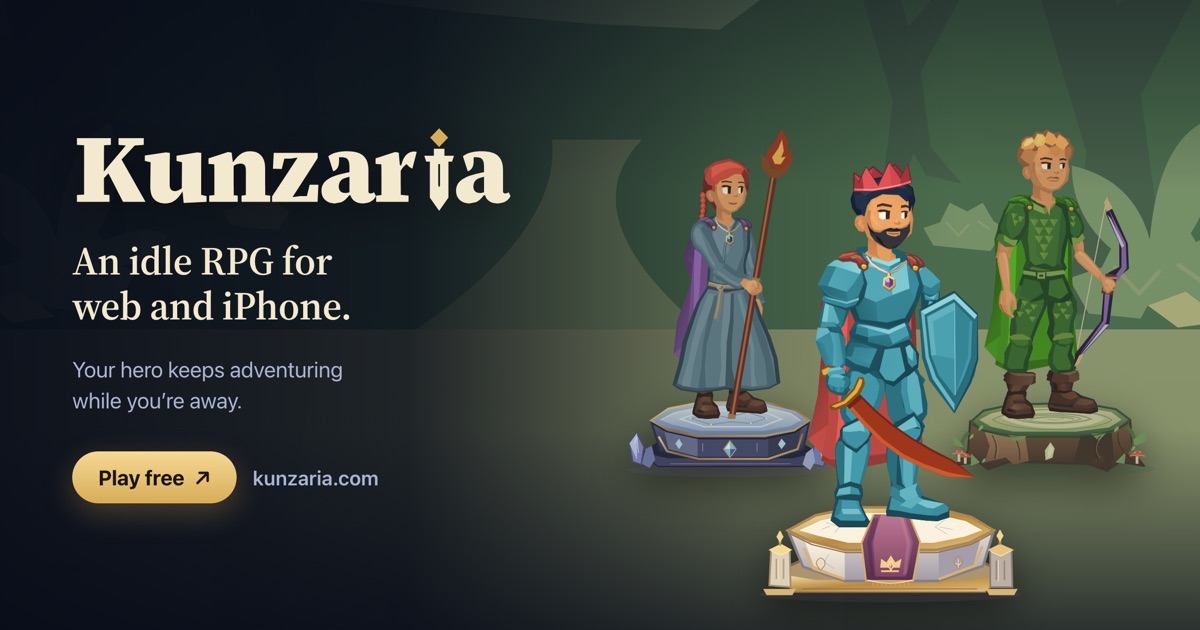 Kunzaria artwork showing three fantasy heroes on pedestals
